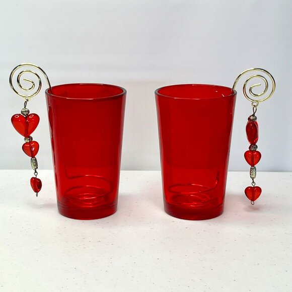 Pair Red Glass Luminary Votive Candle Holder Decorative Hearts Golden Wire Roman - Picture 3 of 17